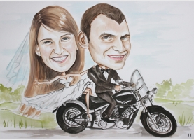 Karykatura ślubna na motorze
